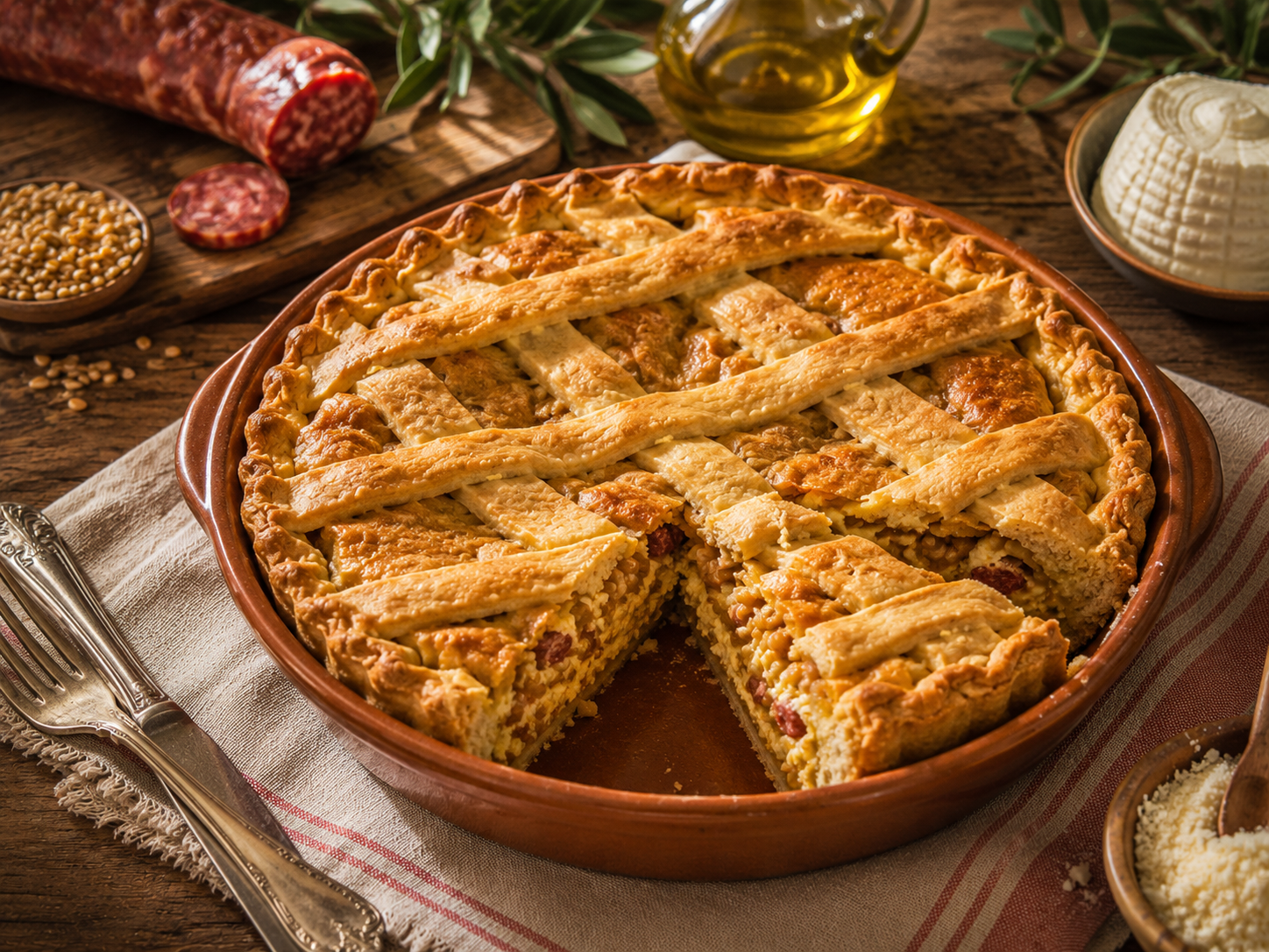 PASTIERA SALATA CON SALSICCIA ROSSA FRESCA DI CASTELPOTOTOZZETTI AL MIELE di Castelpoto con farina di mais e mirtilli
